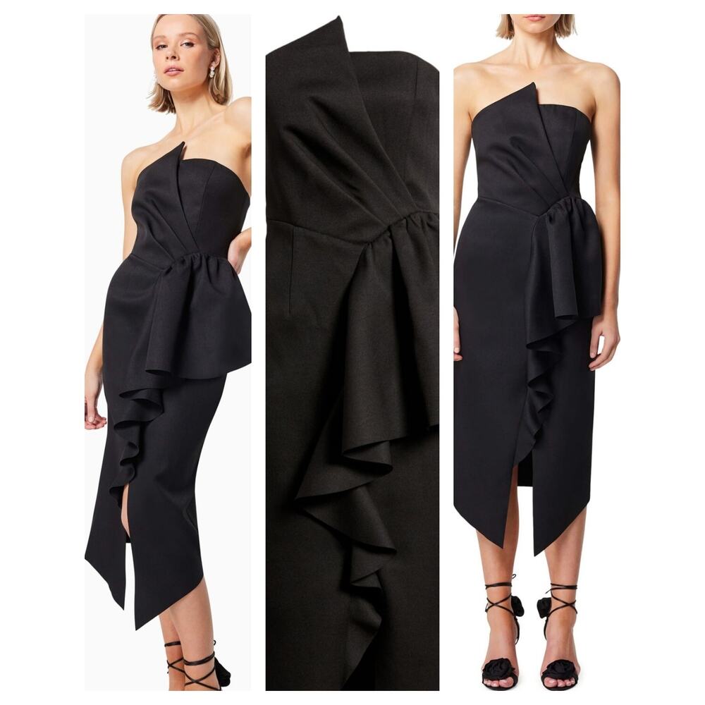 New Elliatt Reception Ruffled Strapless Dress $170 SMALL Black Midi LBD